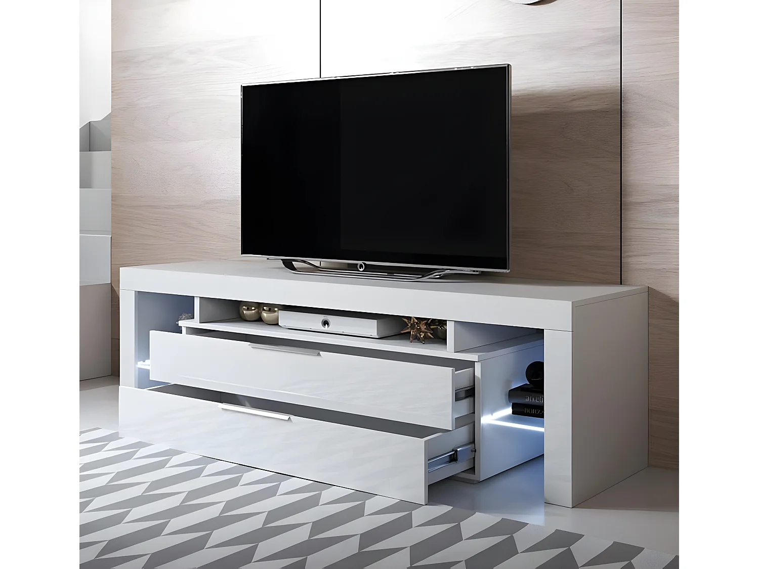 Meuble TV pour Salon Salle à manger en Blanc avec LED 160x35x53cm Selma