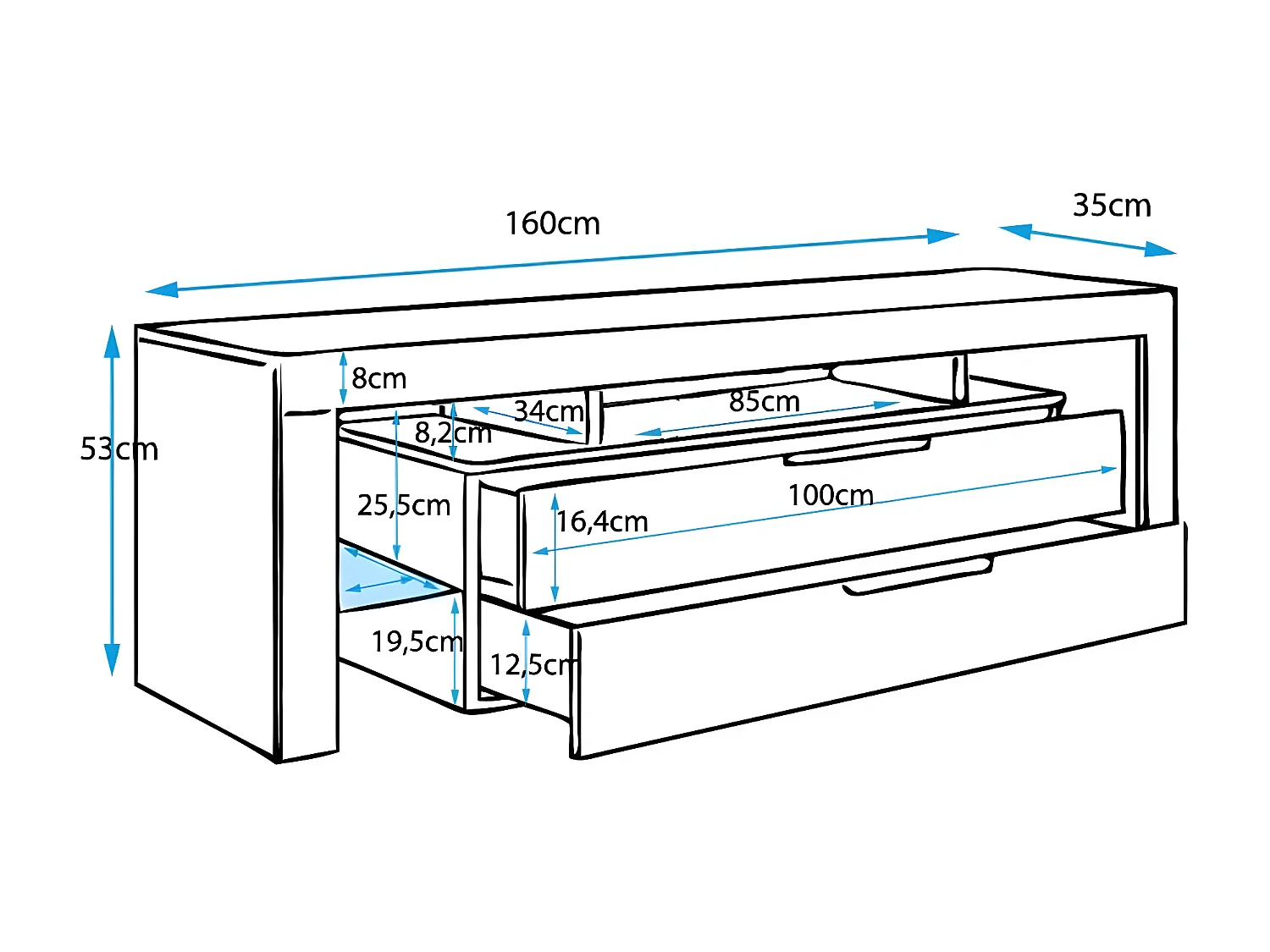 Meuble TV pour Salon Salle à manger en Blanc avec LED 160x35x53cm Selma