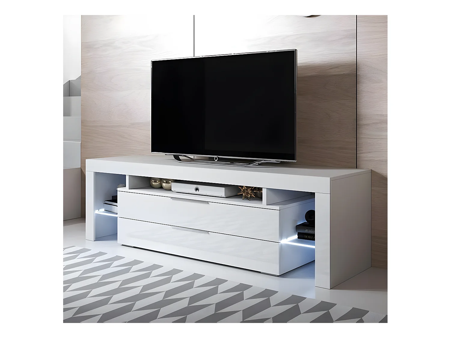 Mueble TV para Salón comedor en Blanco con LED 160x35x53cm Selma