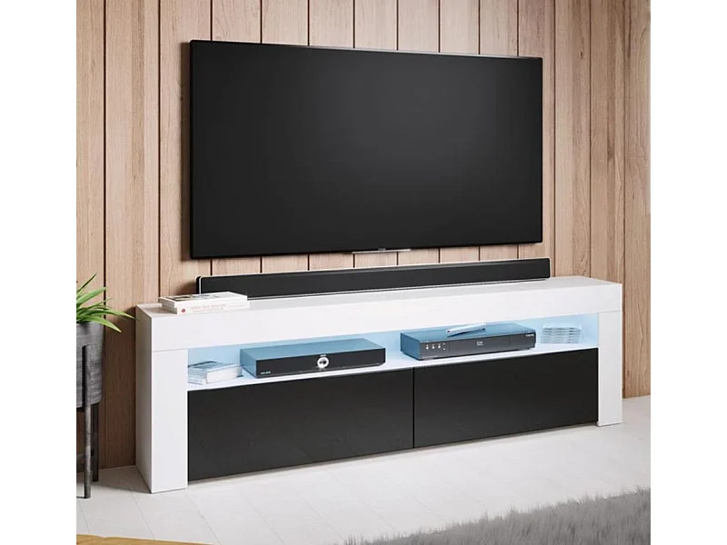 Meuble TV pour Salon Salle à manger en Blanc et Noir avec LED 140x35x50,5cm Aker