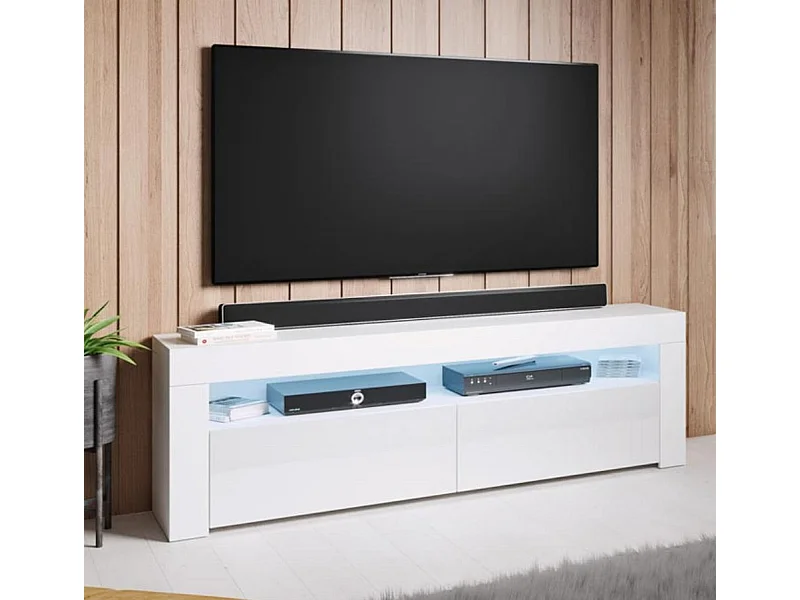 Meuble TV pour Salon Salle à manger en Blanc avec LED 140x35x50,5cm Aker