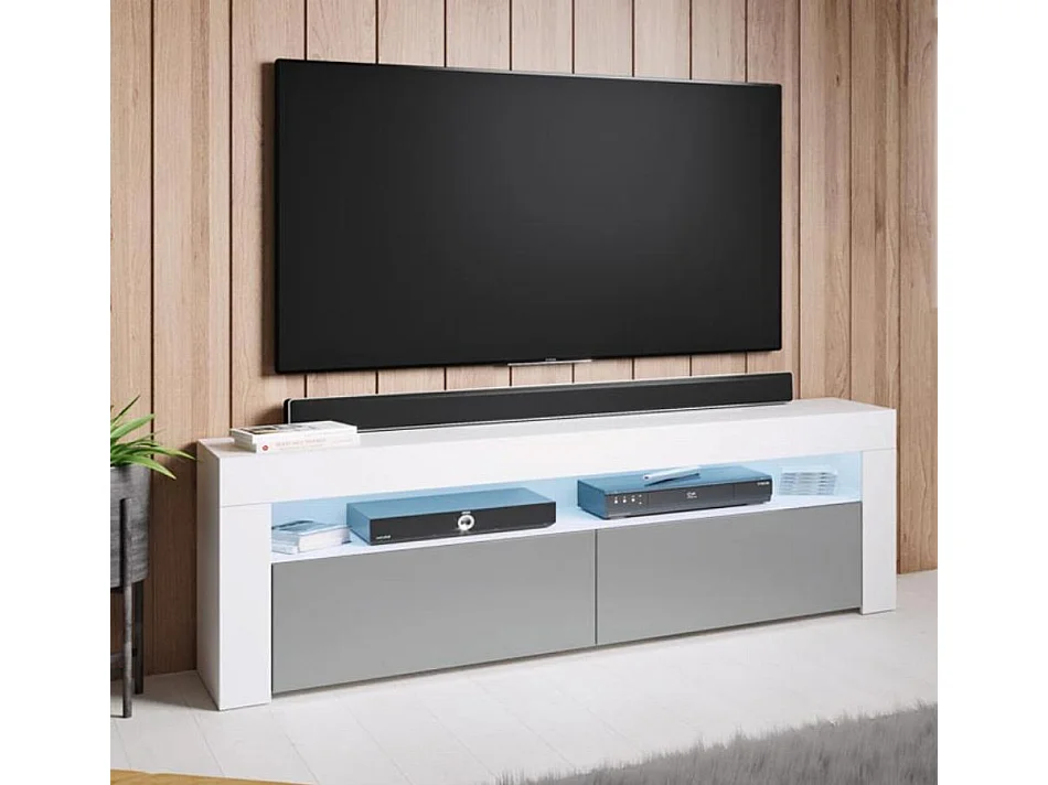 Meuble TV pour Salon Salle à manger en Blanc et Gris avec LED 140x35x50,5cm Aker