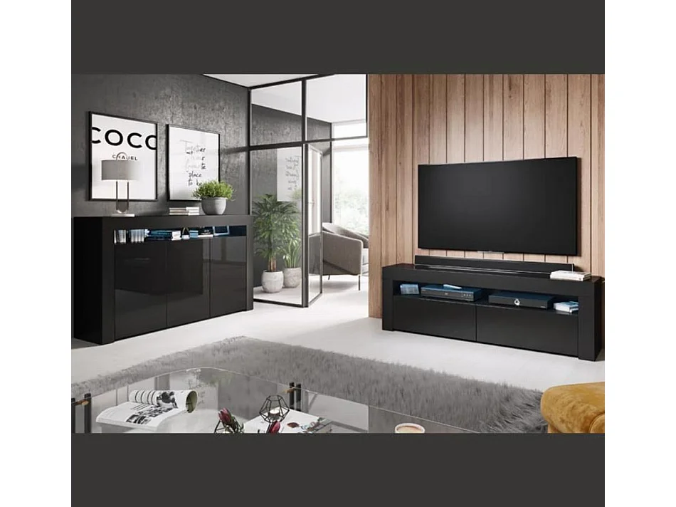 Mueble TV para Salón comedor en Negro con LED 140x35x50,5cm Aker