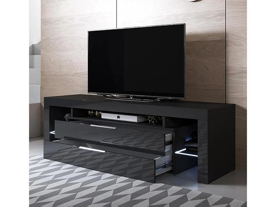 Meuble TV pour Salon Salle à manger en Noir avec LED 160x35x53cm Selma