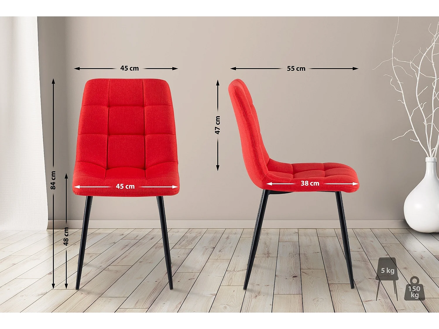 Silla de comedor costuras decorativas en forma de cuadros en tela rojo pie metal negro mate M10_001997