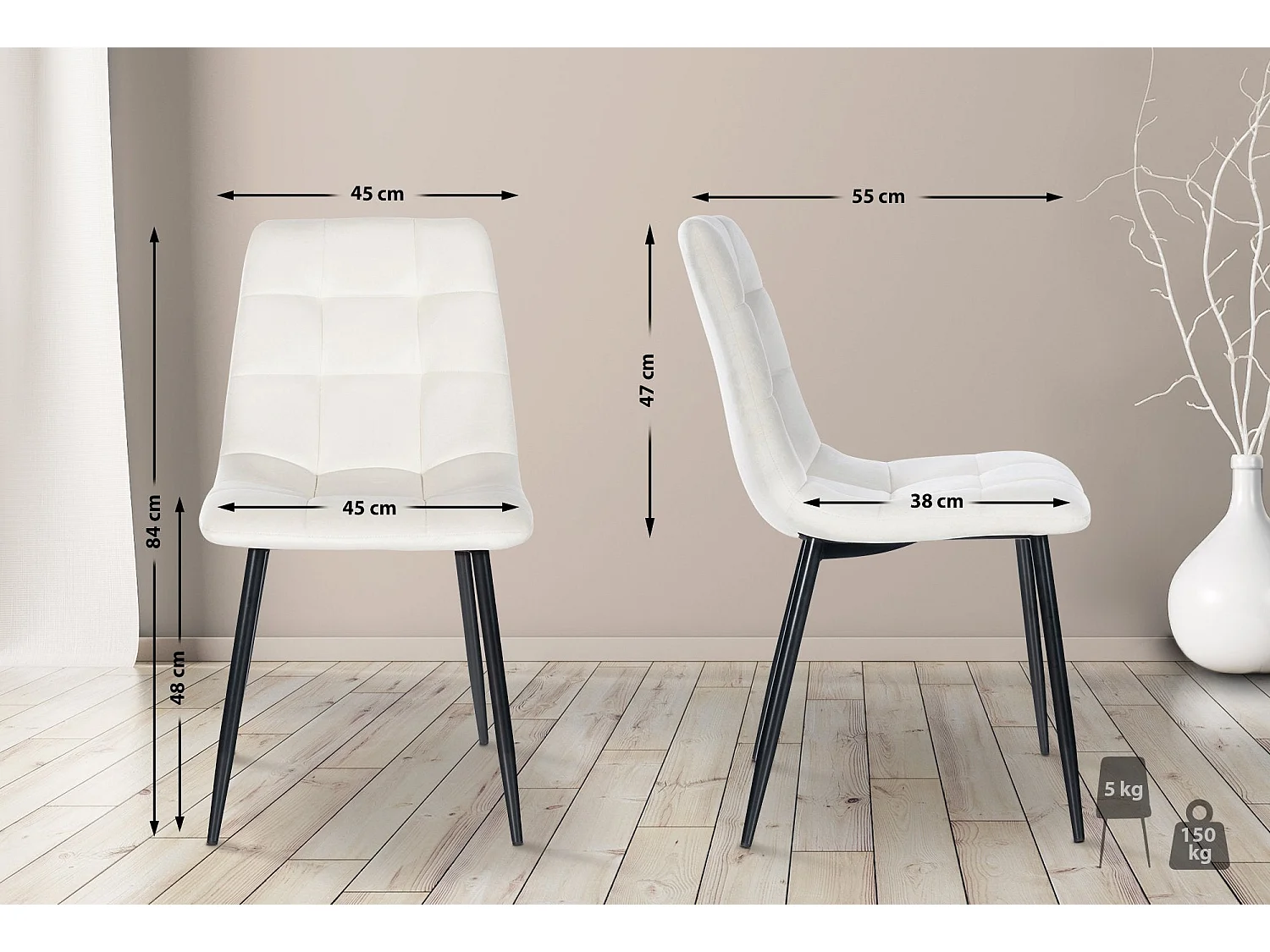 Silla de comedor costuras decorativas en forma de cuadros en terciopelo blanco crema pie metal negro mate M10_002000