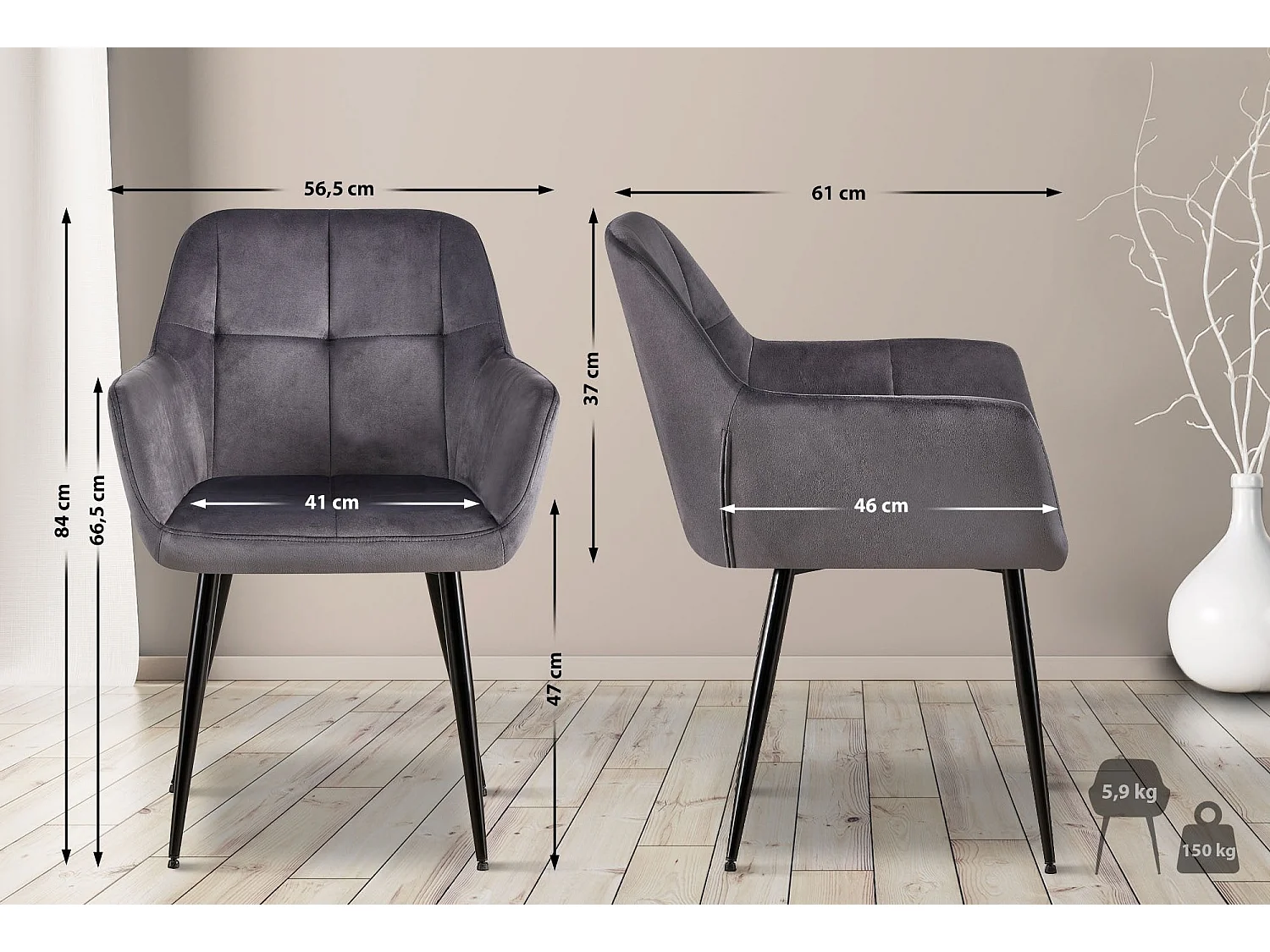 Set de 2 sillas de comedor salón estilo moderno en terciopelo gris estructura metal negro mate M10_001209