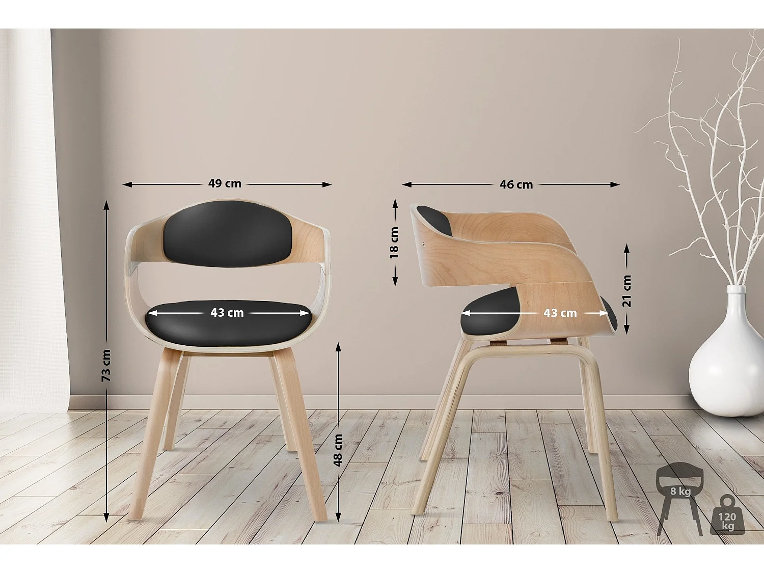 Silla de comedor visita oficina diseño retro polipiel negro soporte madera M10_003245