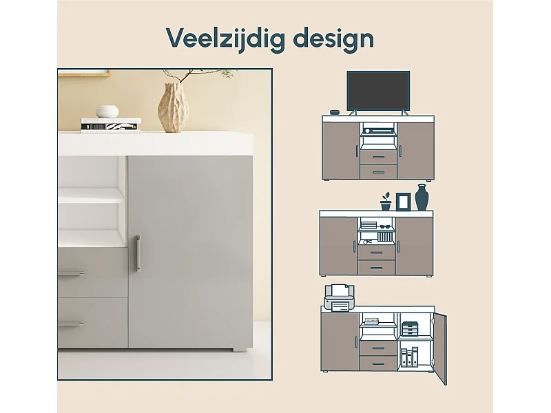 Aparador para Salón comedor en Blanco y Gris 140x40x80cm Roque