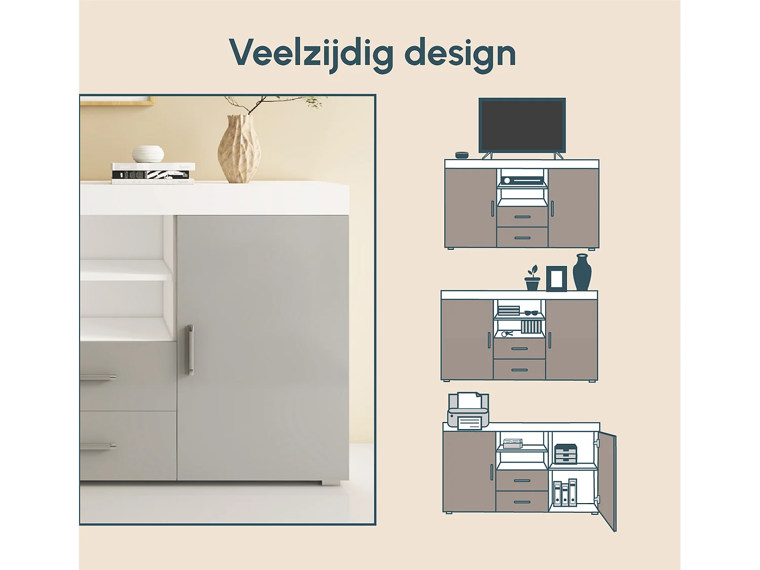 Bahut Buffet pour Salon Salle à manger en Blanc et Gris 140x40x80cm Roque