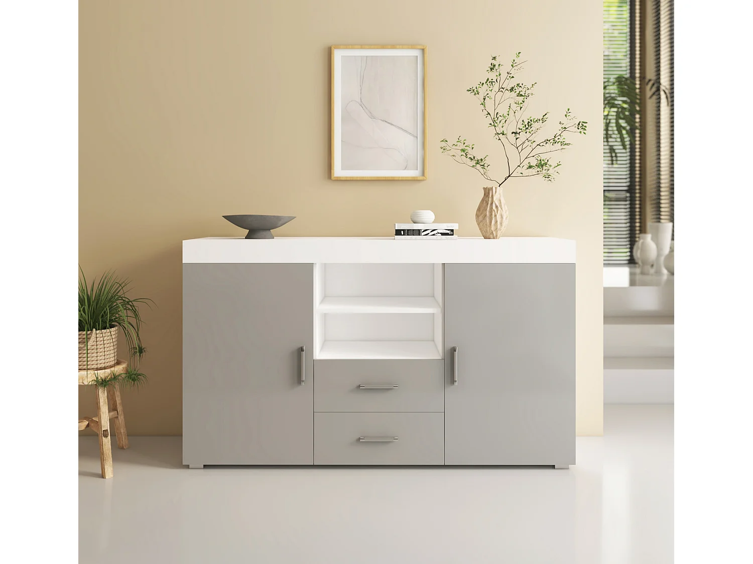 Bahut Buffet pour Salon Salle à manger en Blanc et Gris 140x40x80cm Roque