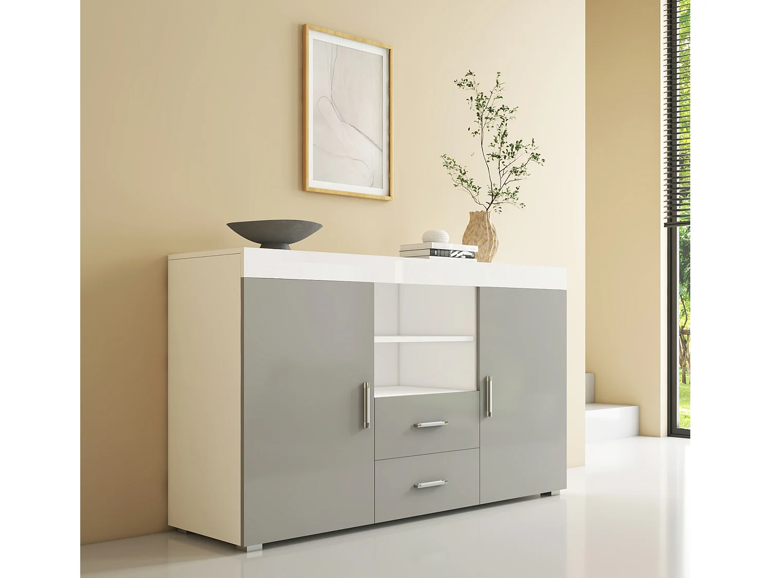 Bahut Buffet pour Salon Salle à manger en Blanc et Gris 140x40x80cm Roque