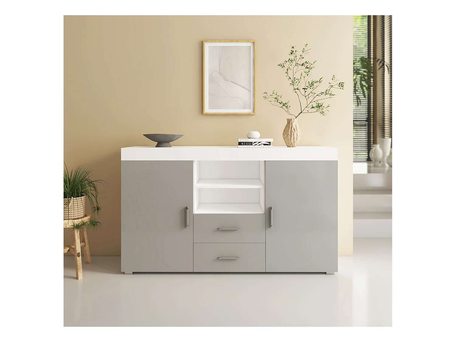 Bahut Buffet pour Salon Salle à manger en Blanc et Gris 140x40x80cm Roque
