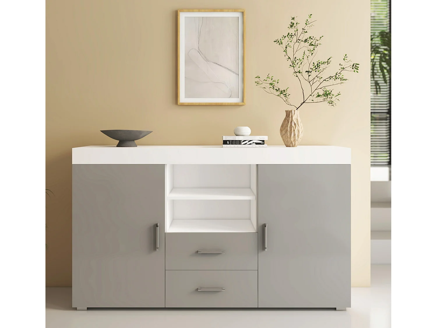 Bahut Buffet pour Salon Salle à manger en Blanc et Gris 140x40x80cm Roque