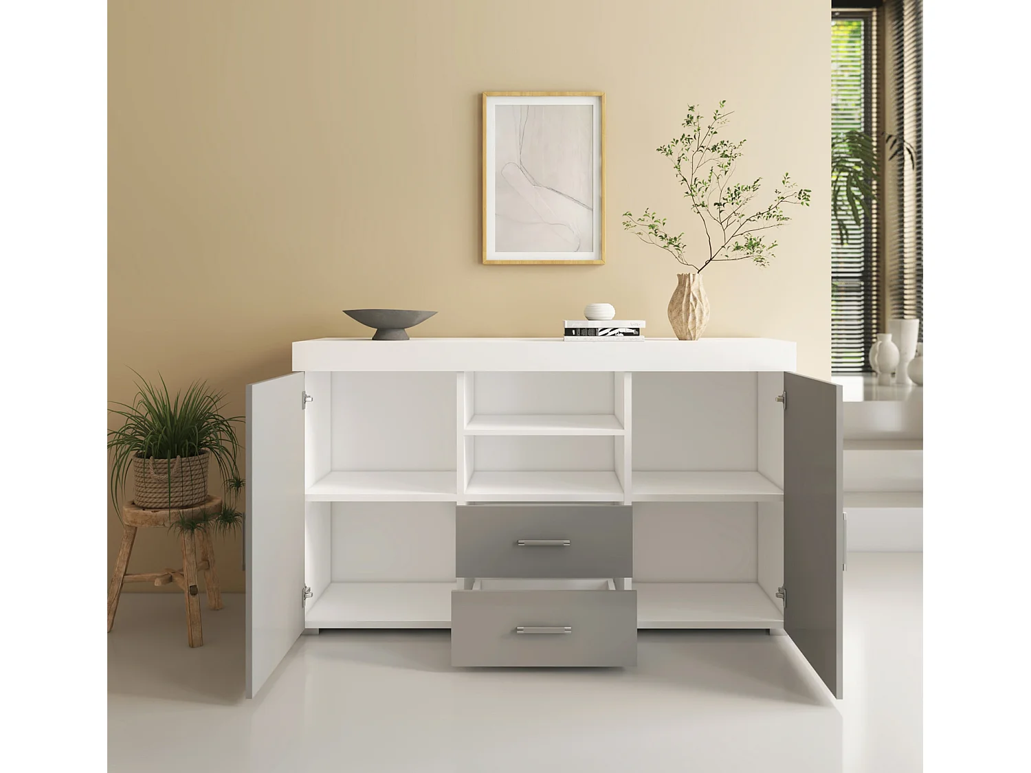 Bahut Buffet pour Salon Salle à manger en Blanc et Gris 140x40x80cm Roque