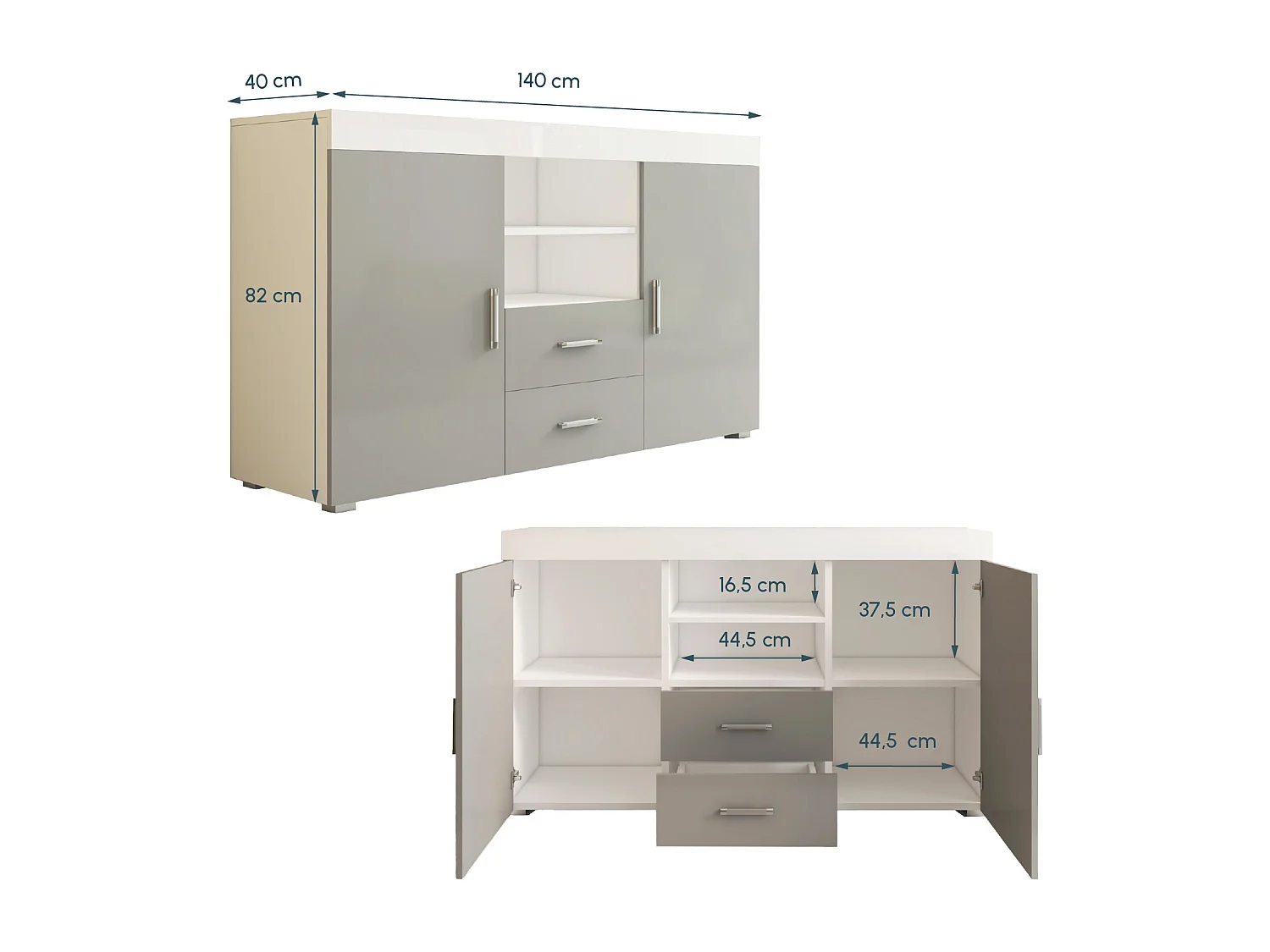 Bahut Buffet pour Salon Salle à manger en Blanc et Gris 140x40x80cm Roque