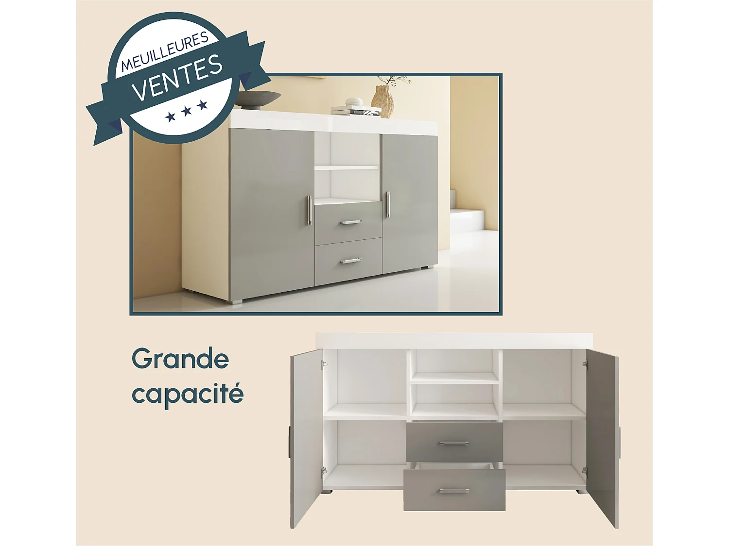 Bahut Buffet pour Salon Salle à manger en Blanc et Gris 140x40x80cm Roque