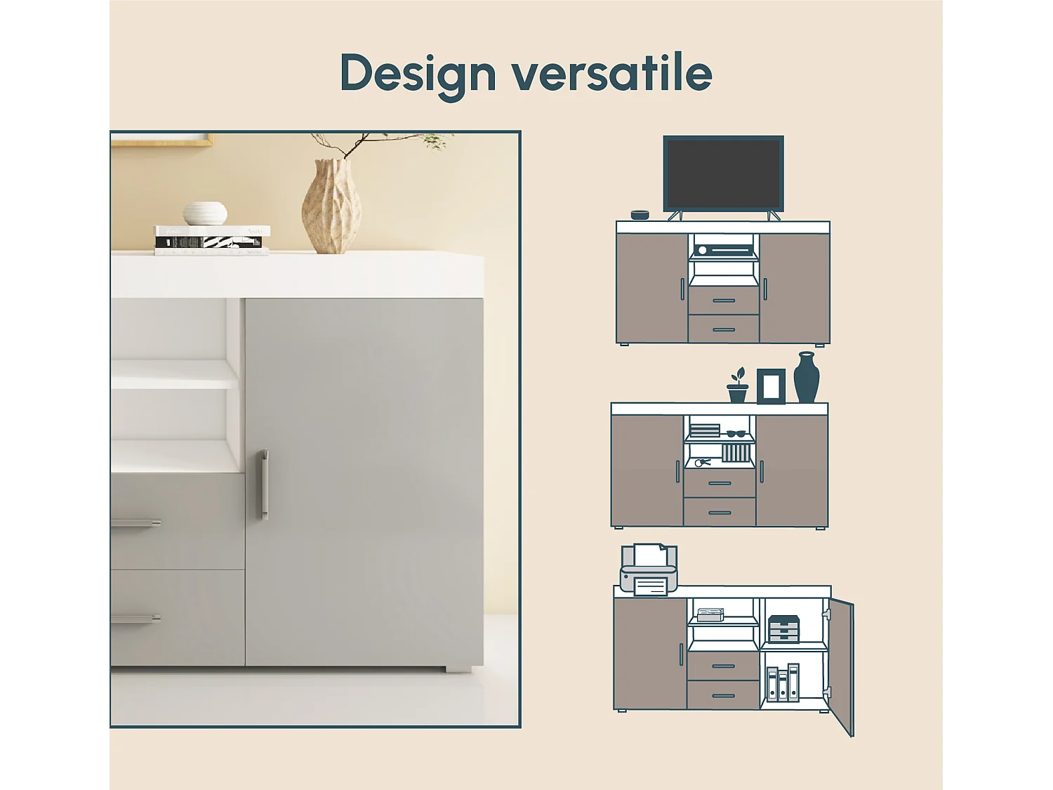 Bahut Buffet pour Salon Salle à manger en Blanc et Gris 140x40x80cm Roque