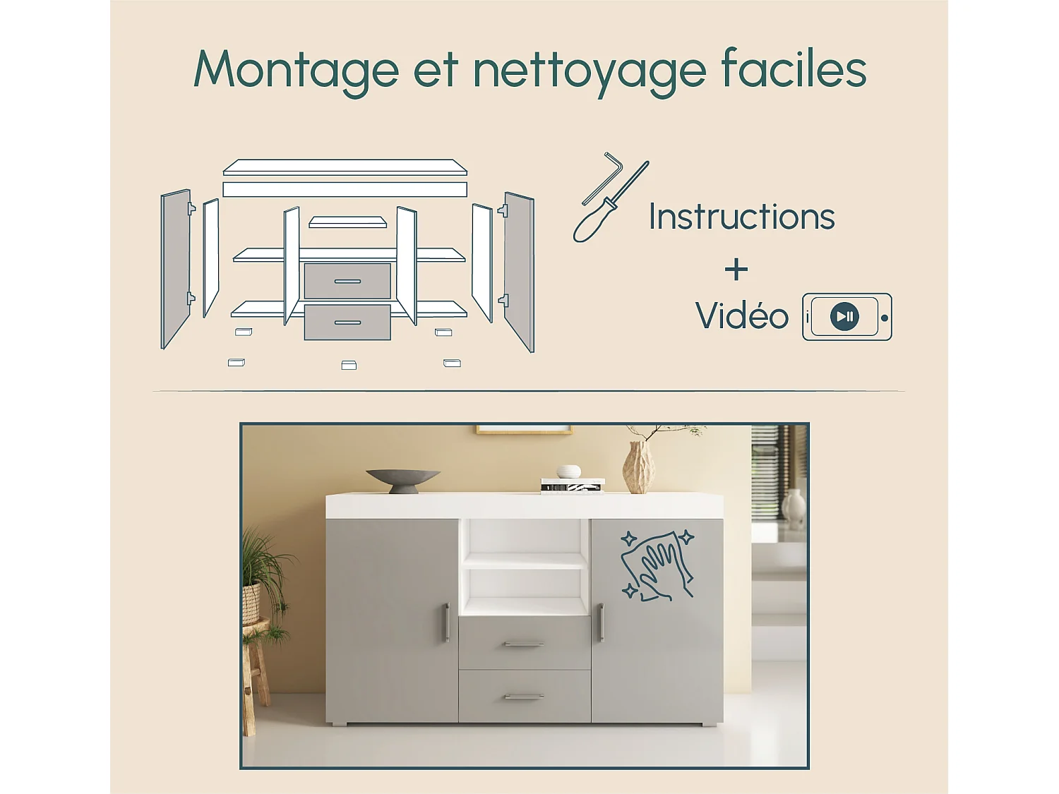 Bahut Buffet pour Salon Salle à manger en Blanc et Gris 140x40x80cm Roque