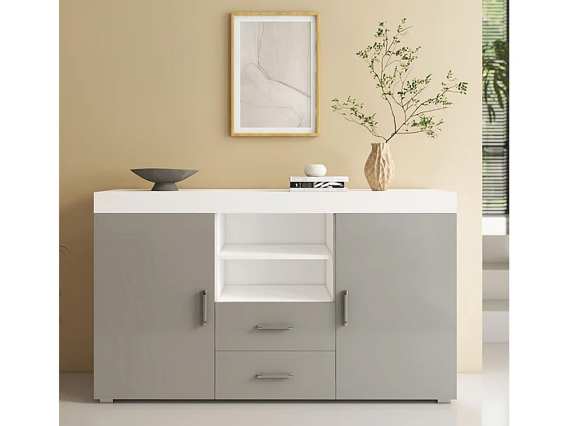 Bahut Buffet pour Salon Salle à manger en Blanc et Gris 140x40x80cm Roque