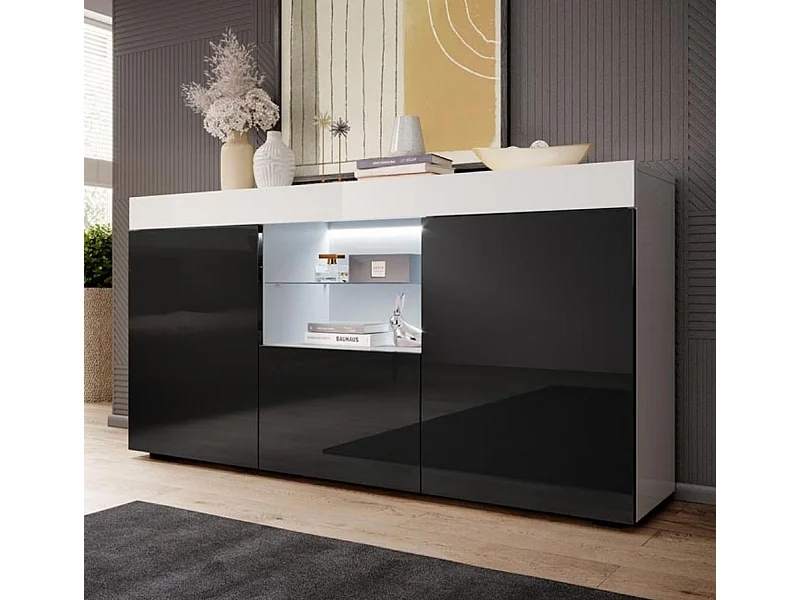 Bahut Buffet pour Salon Salle à manger en Blanc et Noir avec LED 135x34x73cm Sefora