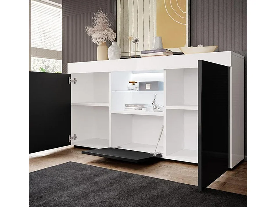 Bahut Buffet pour Salon Salle à manger en Blanc et Noir avec LED 135x34x73cm Sefora