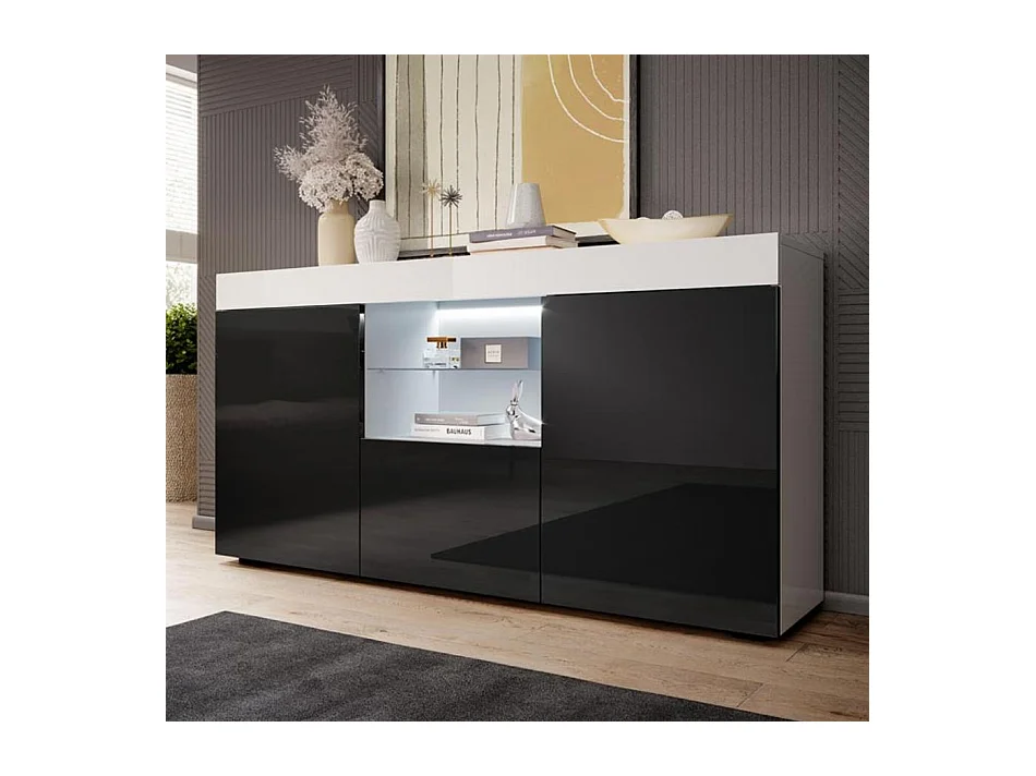 Bahut Buffet pour Salon Salle à manger en Blanc et Noir avec LED 135x34x73cm Sefora