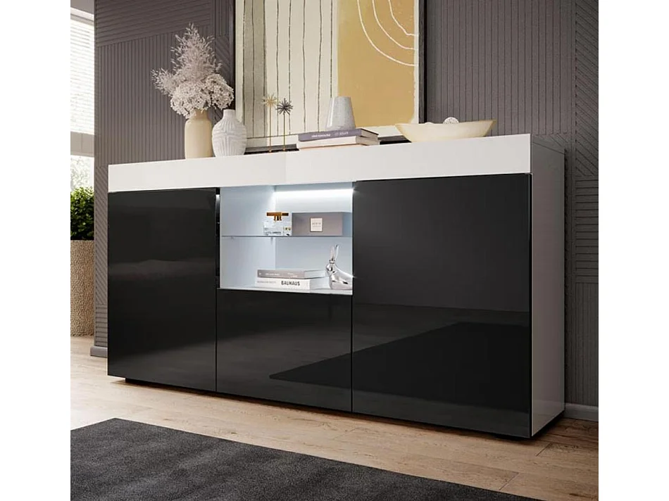 Aparador para Salón comedor en Blanco y Negro con LED 135x34x73cm Sefora