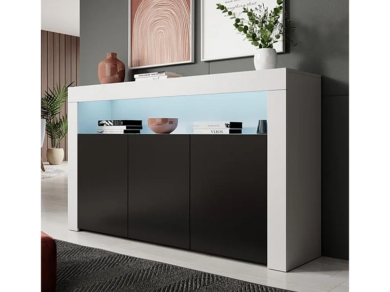 Aparador para Salón comedor en Blanco y Negro con LED 155x37x91,5cm Rialta