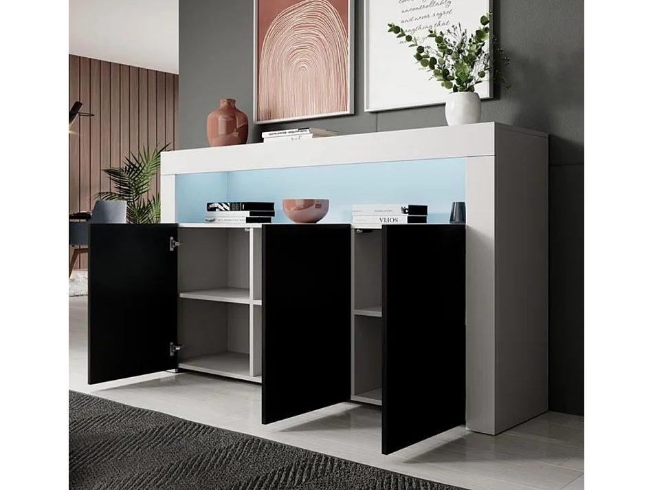 Aparador para Salón comedor en Blanco y Negro con LED 155x37x91,5cm Rialta