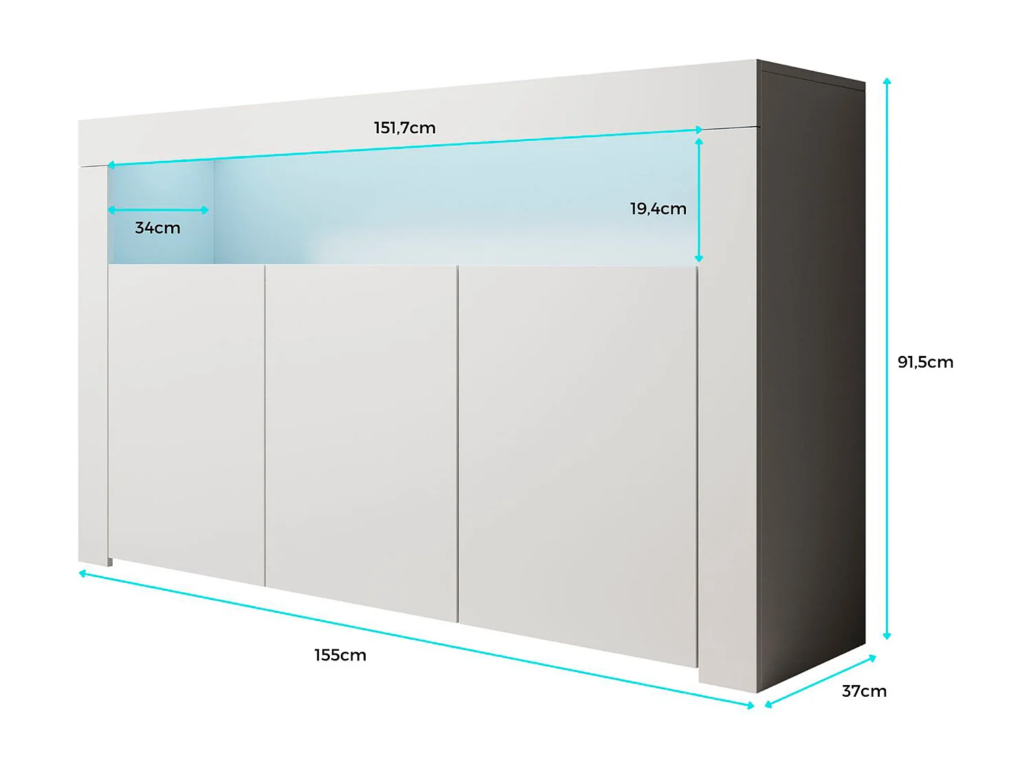 Aparador para Salón comedor en Blanco y Negro con LED 155x37x91,5cm Rialta