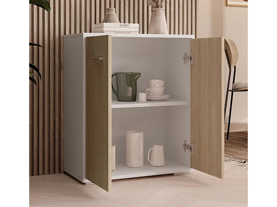 Bahut Buffet bas pour Salon Salle à manger en Blanc et Sonoma 60x30x71cm Lander L2