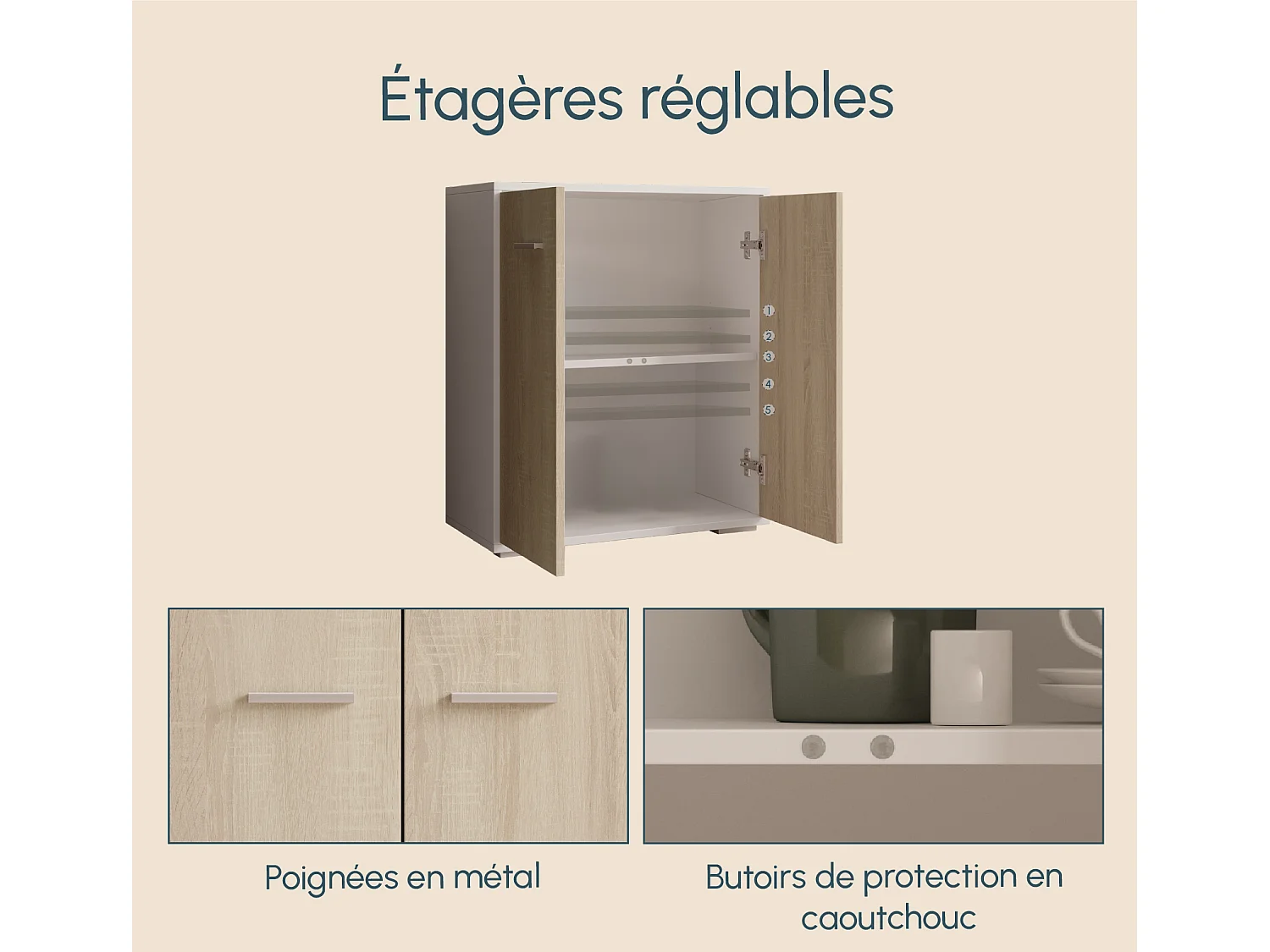 Bahut Buffet bas pour Salon Salle à manger en Blanc et Sonoma 60x30x71cm Lander L2