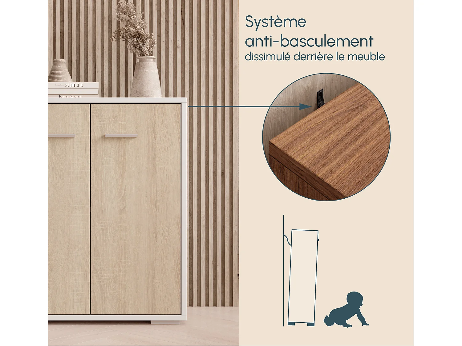 Bahut Buffet bas pour Salon Salle à manger en Blanc et Sonoma 60x30x71cm Lander L2