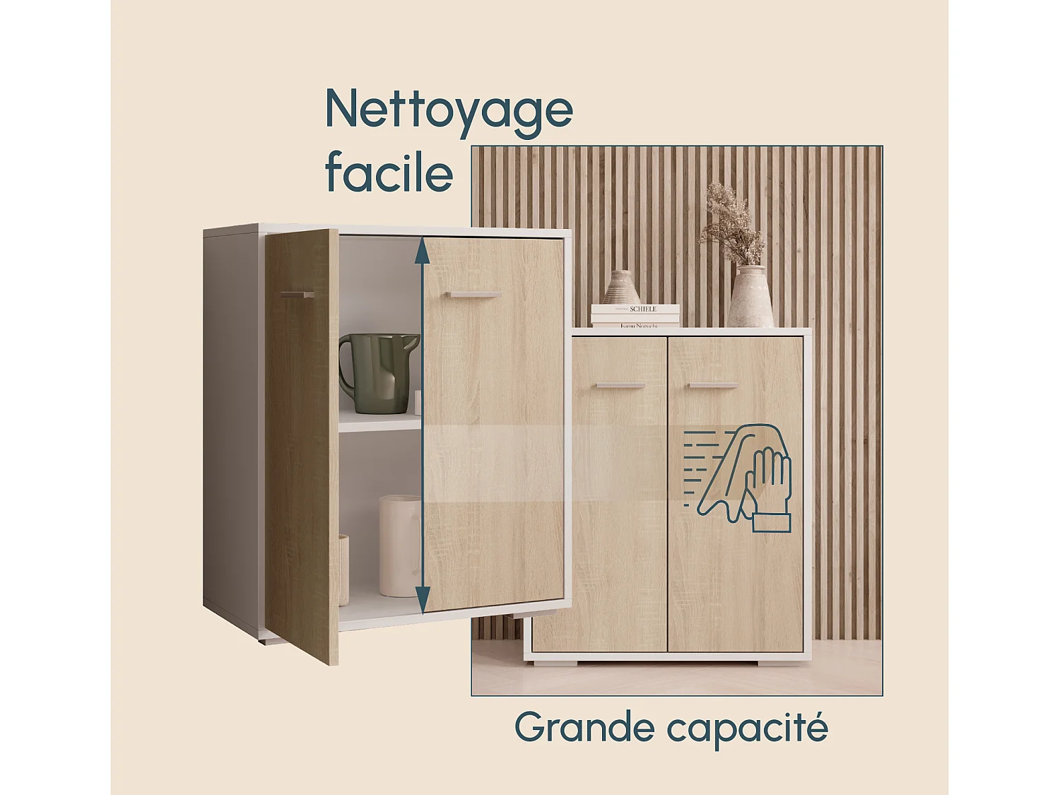 Bahut Buffet bas pour Salon Salle à manger en Blanc et Sonoma 60x30x71cm Lander L2