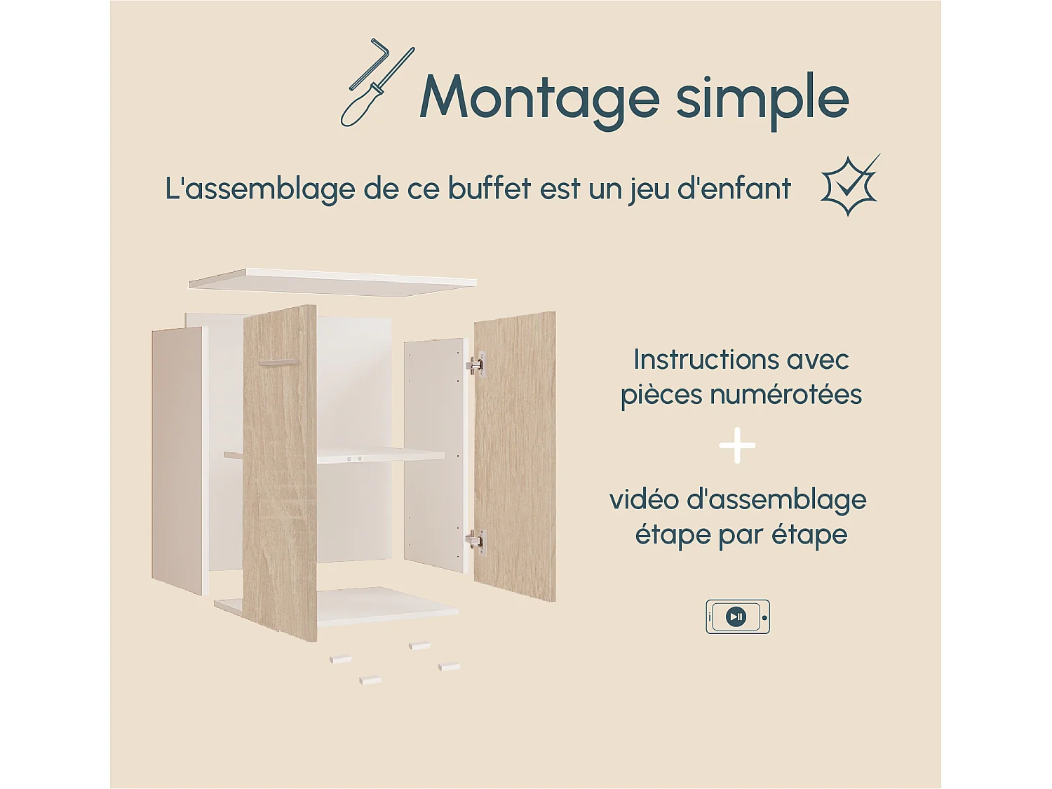 Bahut Buffet bas pour Salon Salle à manger en Blanc et Sonoma 60x30x71cm Lander L2