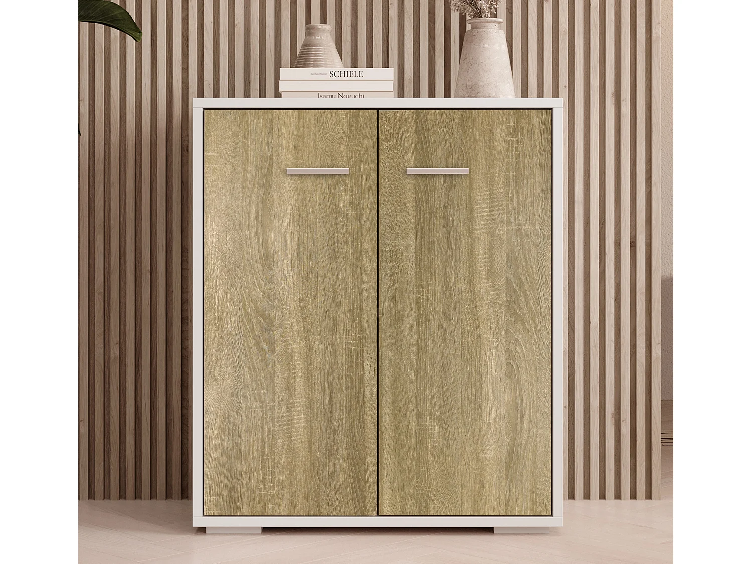 Bahut Buffet bas pour Salon Salle à manger en Blanc et Sonoma 60x30x71cm Lander L2