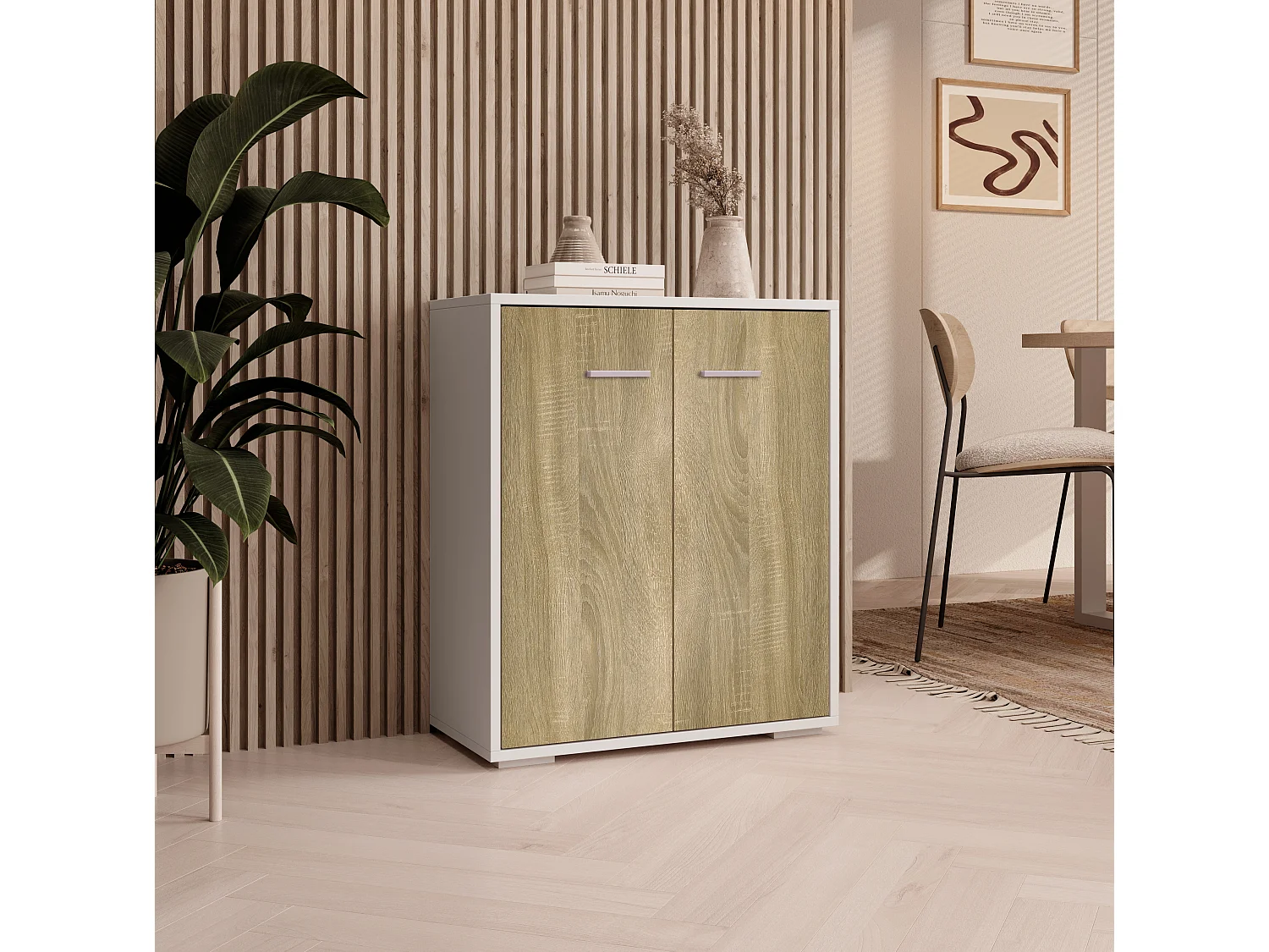Bahut Buffet bas pour Salon Salle à manger en Blanc et Sonoma 60x30x71cm Lander L2