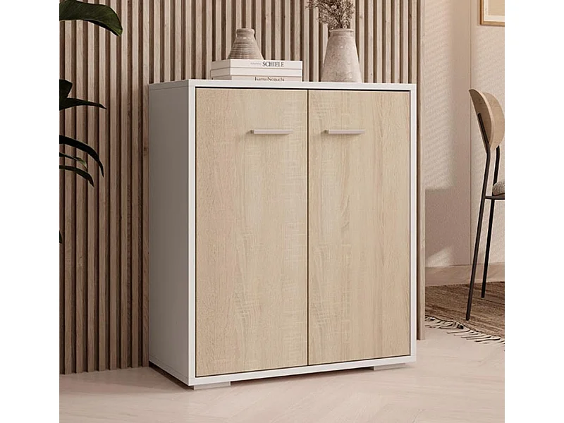 Bahut Buffet bas pour Salon Salle à manger en Blanc et Sonoma 60x30x71cm Lander L2