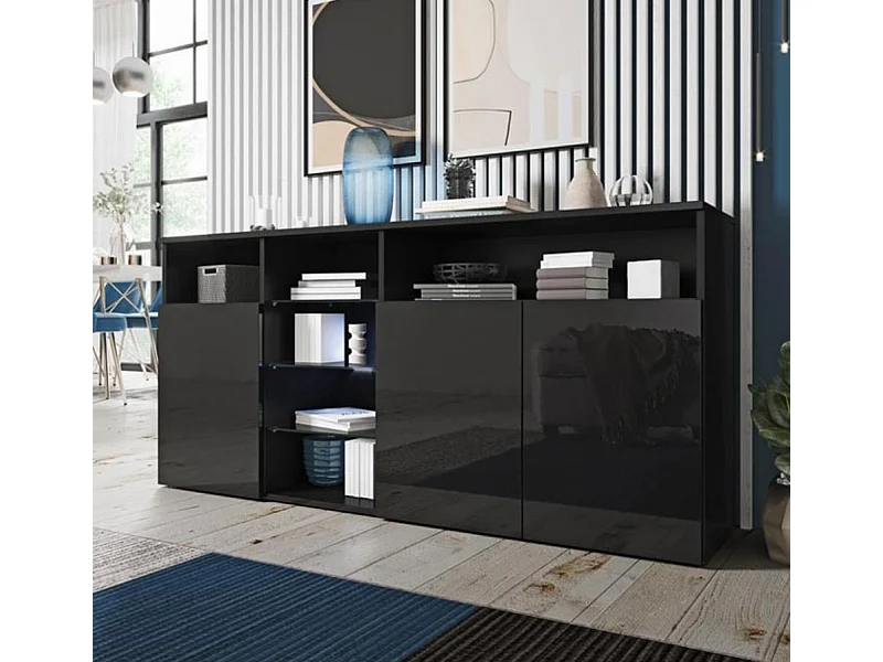Bahut Buffet pour Salon Salle à manger en Noir avec LED 150x35x70cm Clark