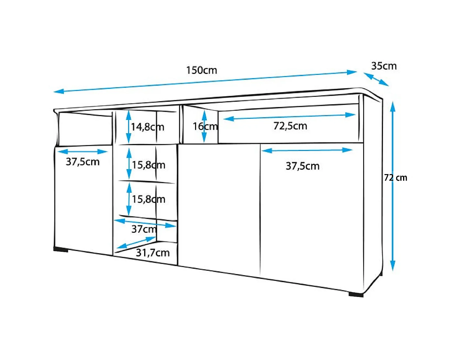 Aparador para Salón comedor en Negro con LED 150x35x70cm Clark