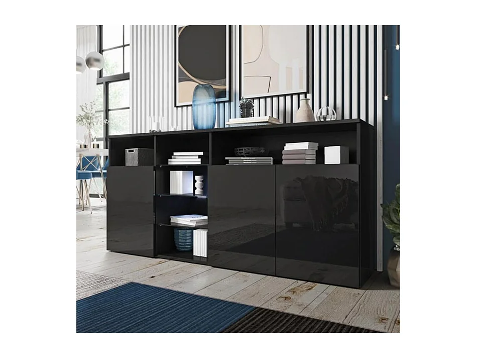 Bahut Buffet pour Salon Salle à manger en Noir avec LED 150x35x70cm Clark