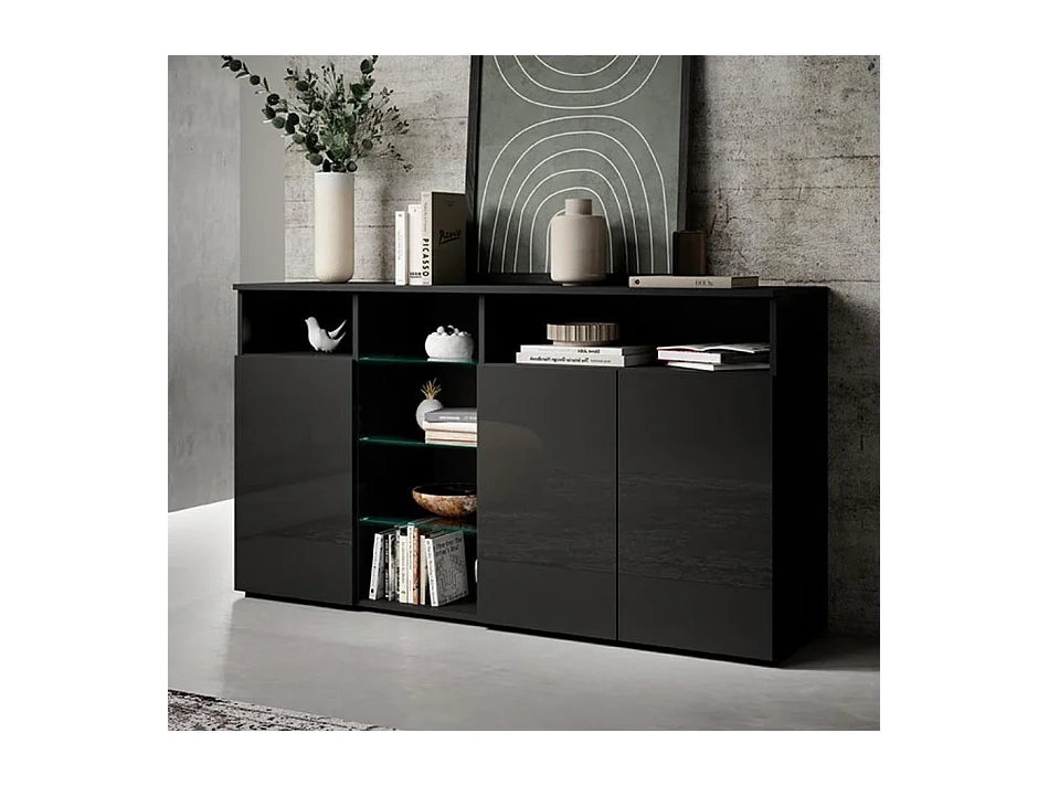Bahut Buffet pour Salon Salle à manger en Noir avec LED 150x40x82cm Clark L