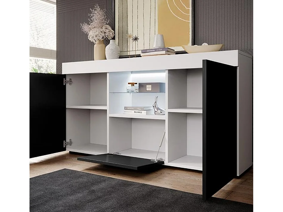 Bahut Buffet pour Salon Salle à manger en Blanc et Noir avec LED 135x34x73cm Sefora