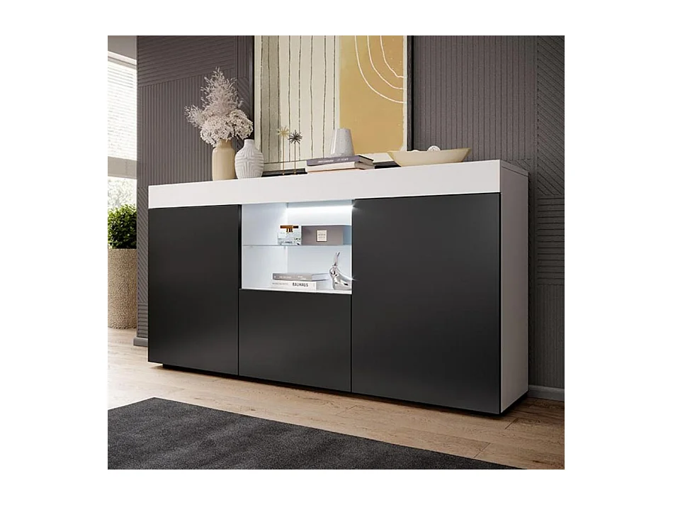 Bahut Buffet pour Salon Salle à manger en Blanc et Noir avec LED 135x34x73cm Sefora