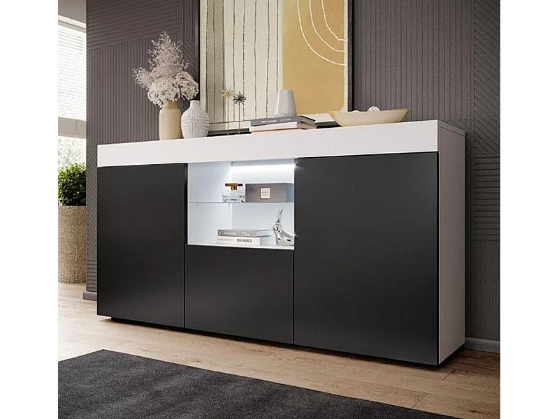 Bahut Buffet pour Salon Salle à manger en Blanc et Noir avec LED 135x34x73cm Sefora