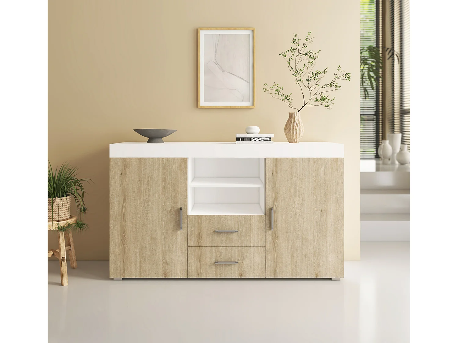 Aparador para Salón comedor en Blanco y Sonoma 140x40x80cm Roque