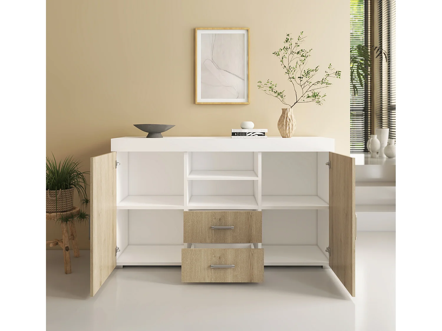 Aparador para Salón comedor en Blanco y Sonoma 140x40x80cm Roque