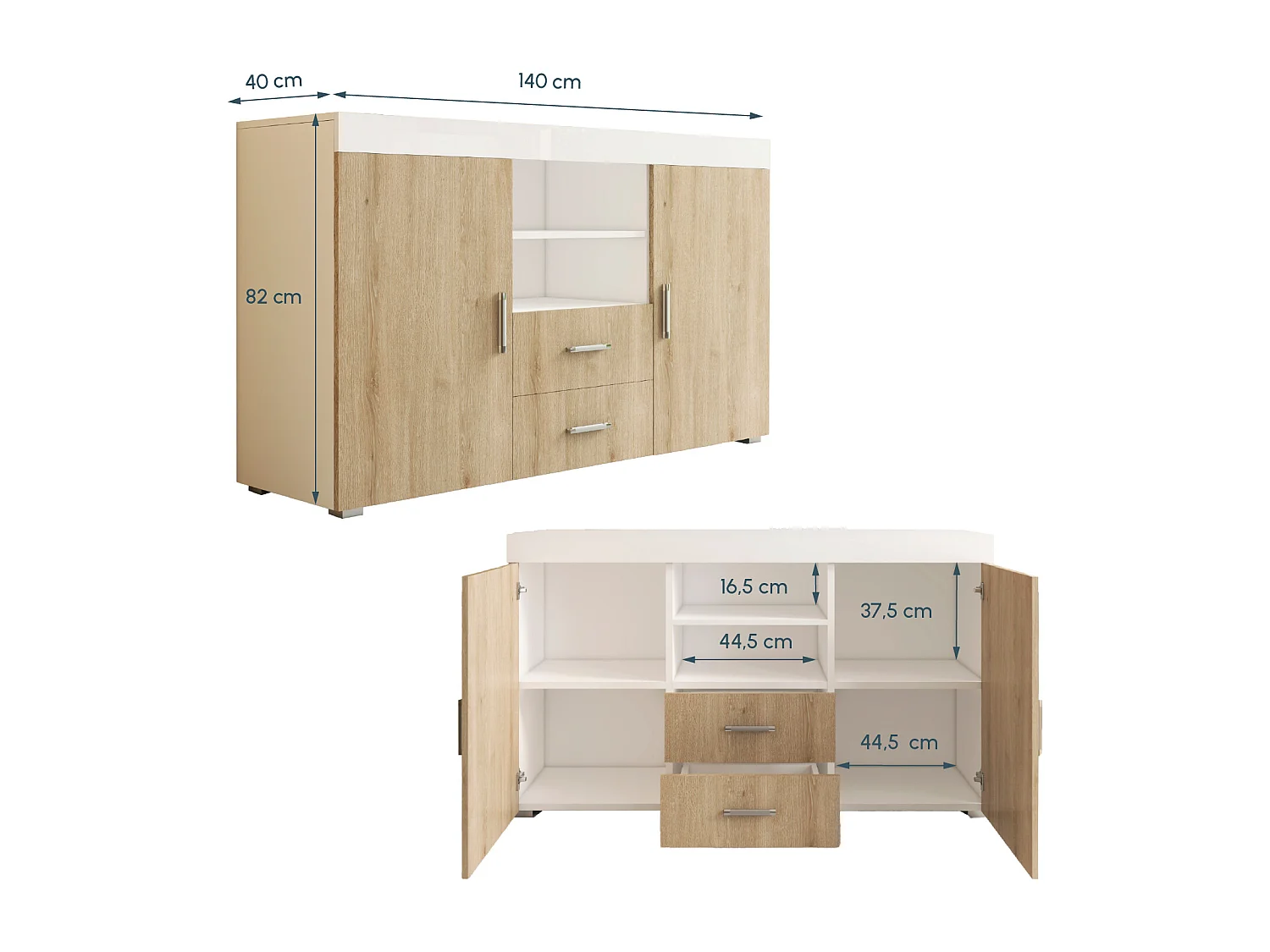 Aparador para Salón comedor en Blanco y Sonoma 140x40x80cm Roque