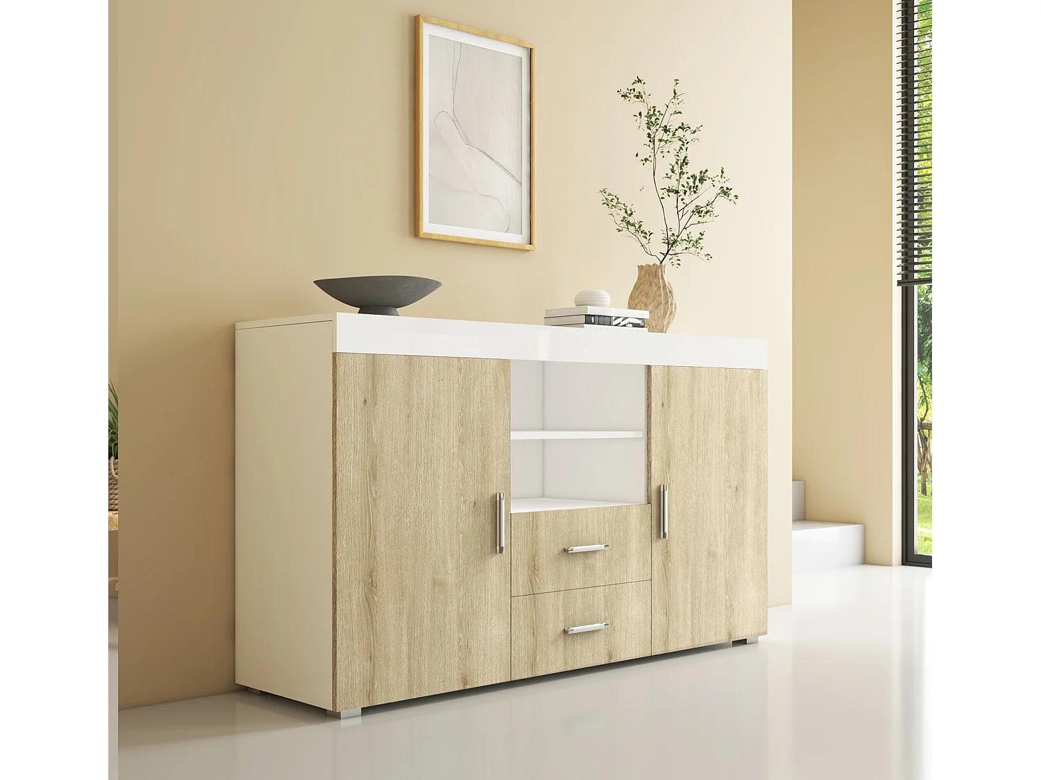 Aparador para Salón comedor en Blanco y Sonoma 140x40x80cm Roque